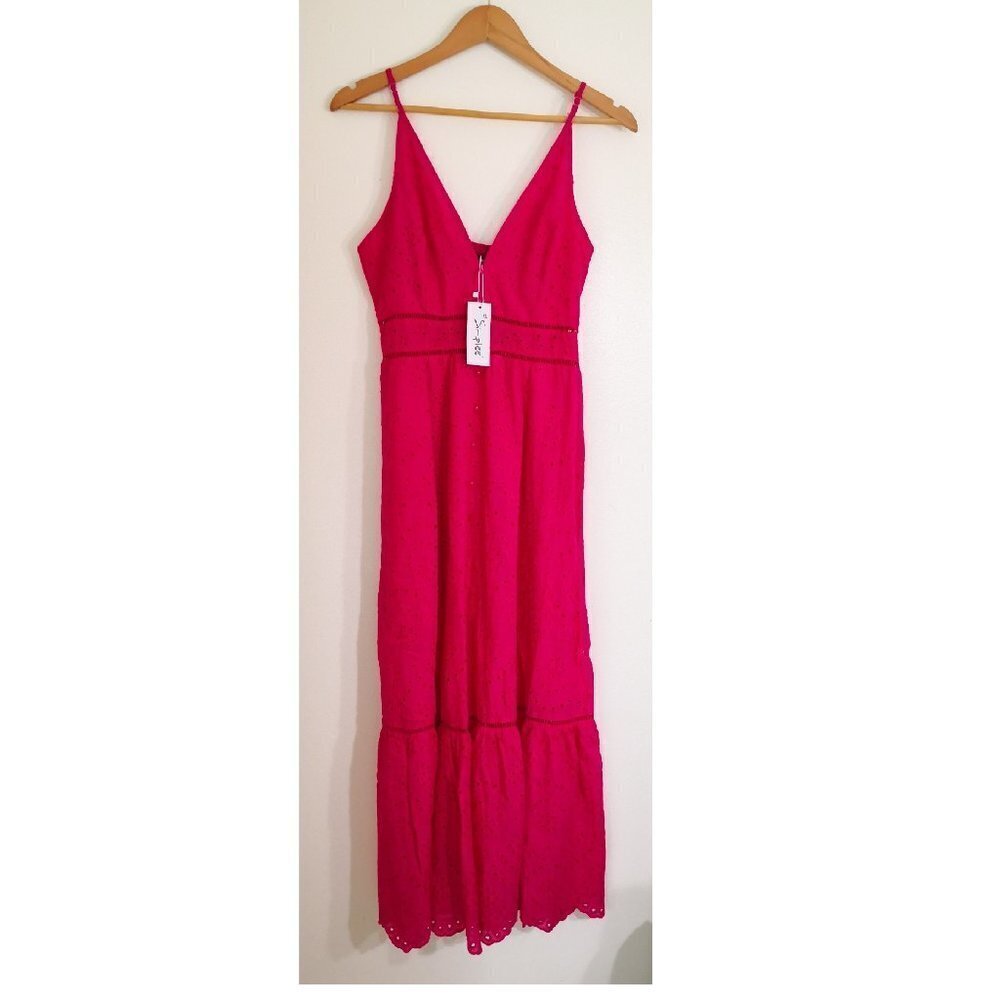 Simplee 100% Cotton Eyelet Spaghetti Strap Smocked Back Tiered Maxi Dress Pink